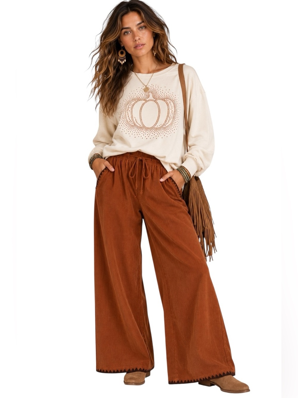 Rust Corduroy Pull on Wide Leg Pants